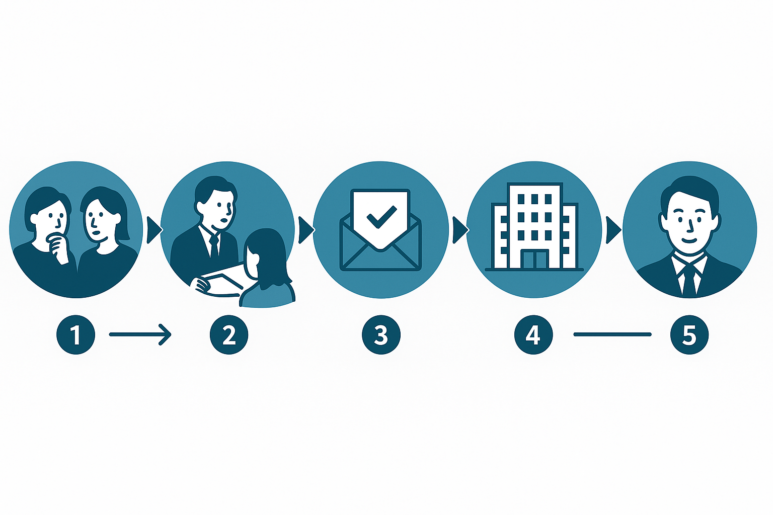 相談→整理→書類→入管→許可までの5ステップを示す図解
