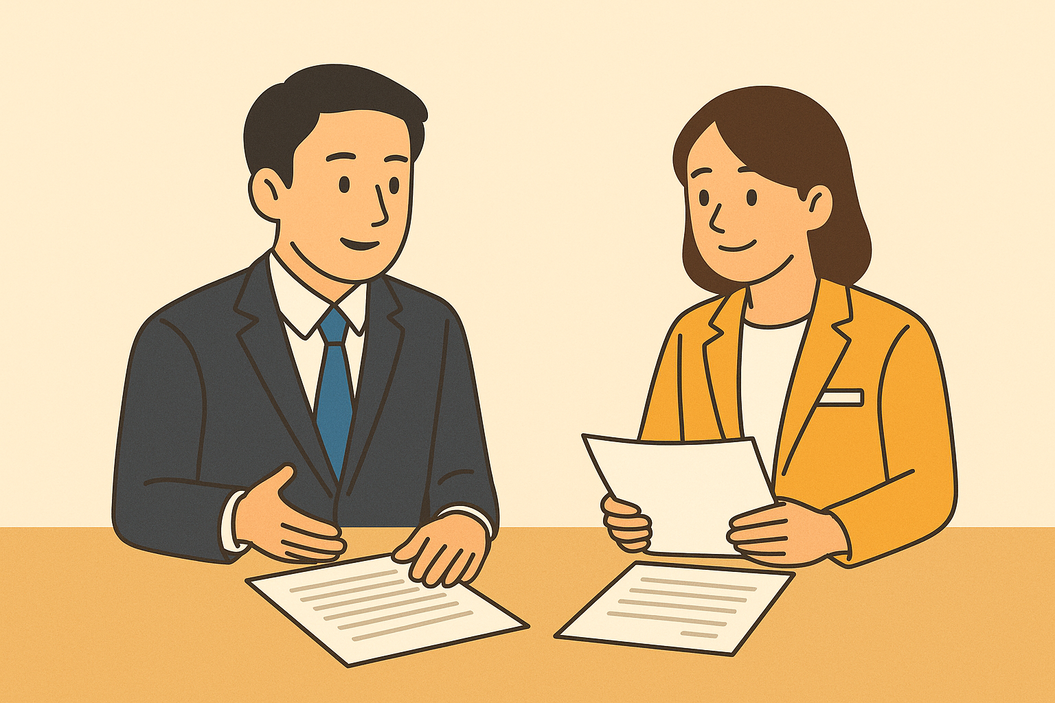 書類を前に相談する日本人ビジネスパーソンのイラスト