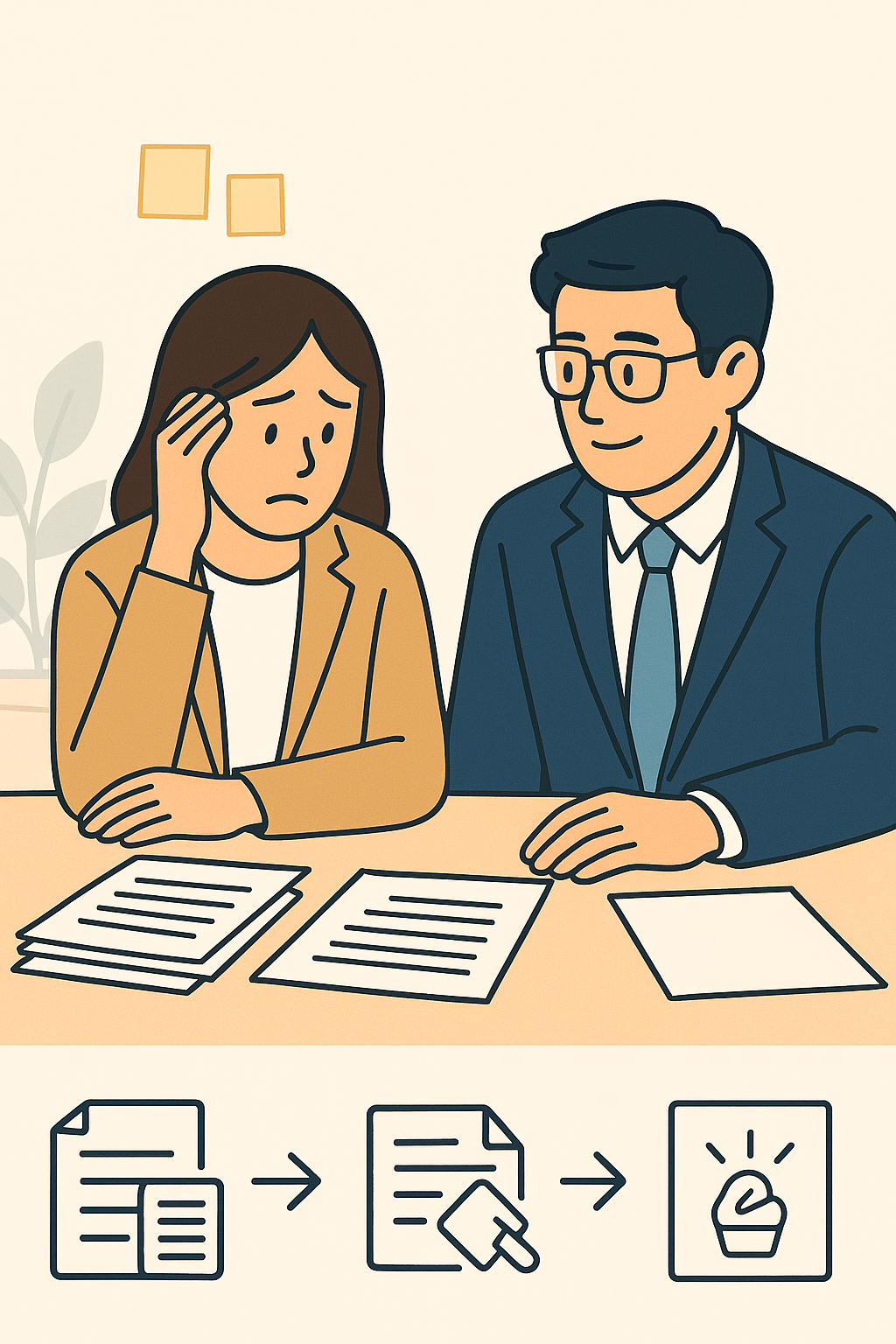 補助金選びや書類作成に悩む事業者のイラスト