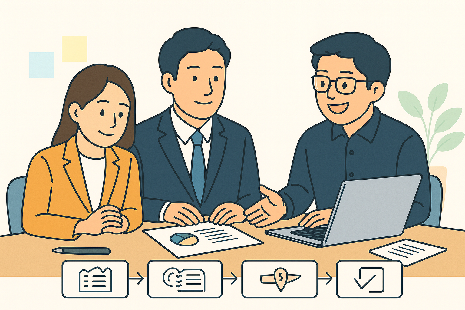 明るい雰囲気で事業計画を練る事業者とサポーターのイラスト