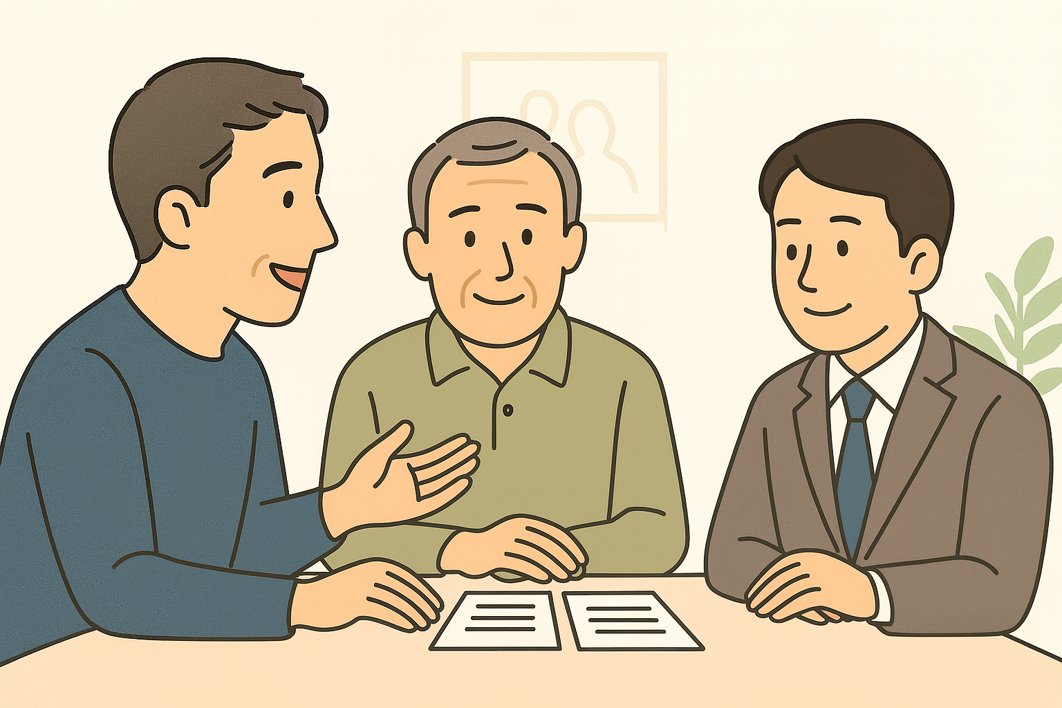 40〜50代が親の将来を相談しているイラスト