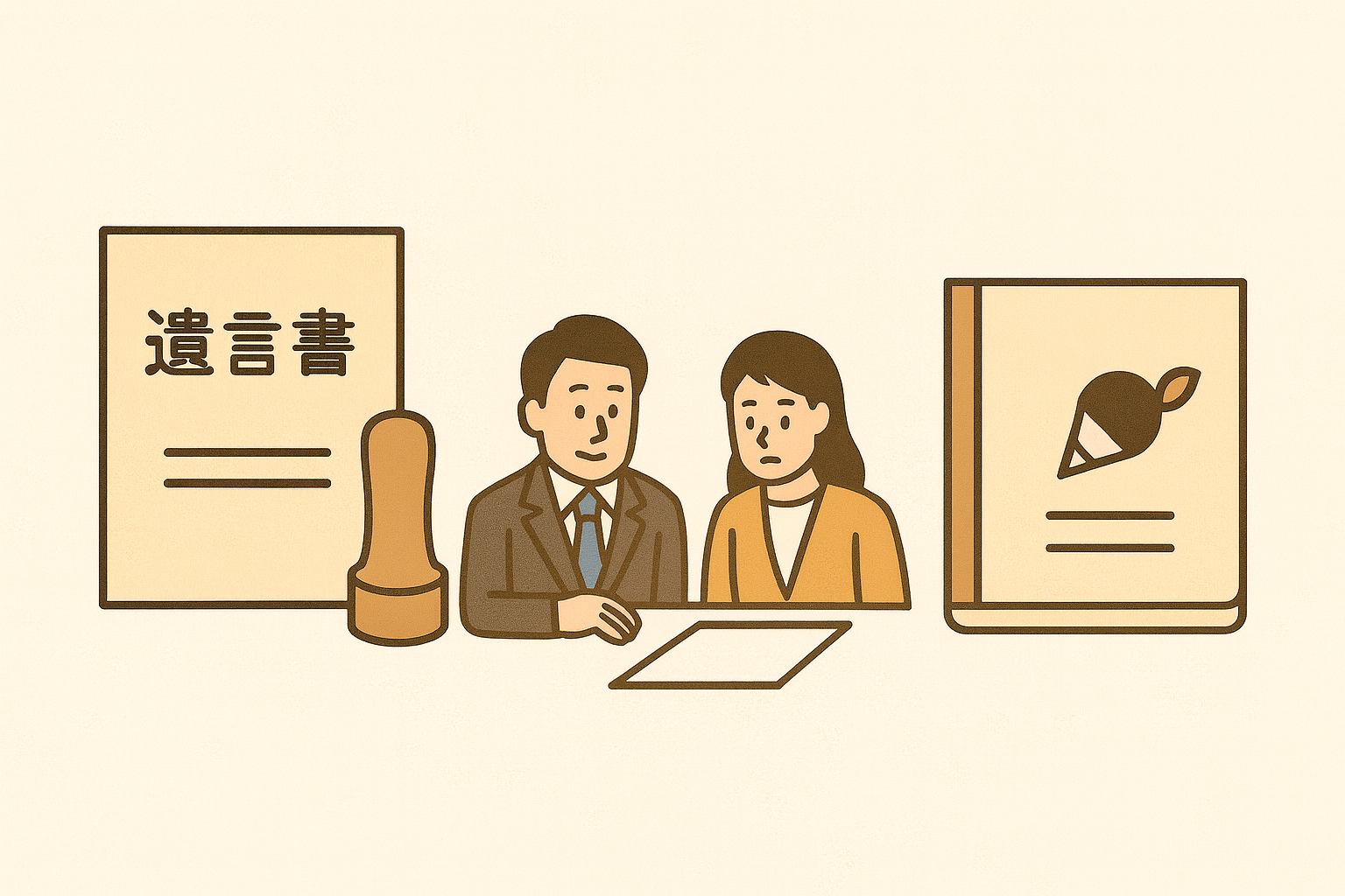 遺言書・印章・家族・戸籍のアイコンを組み合わせたイラスト