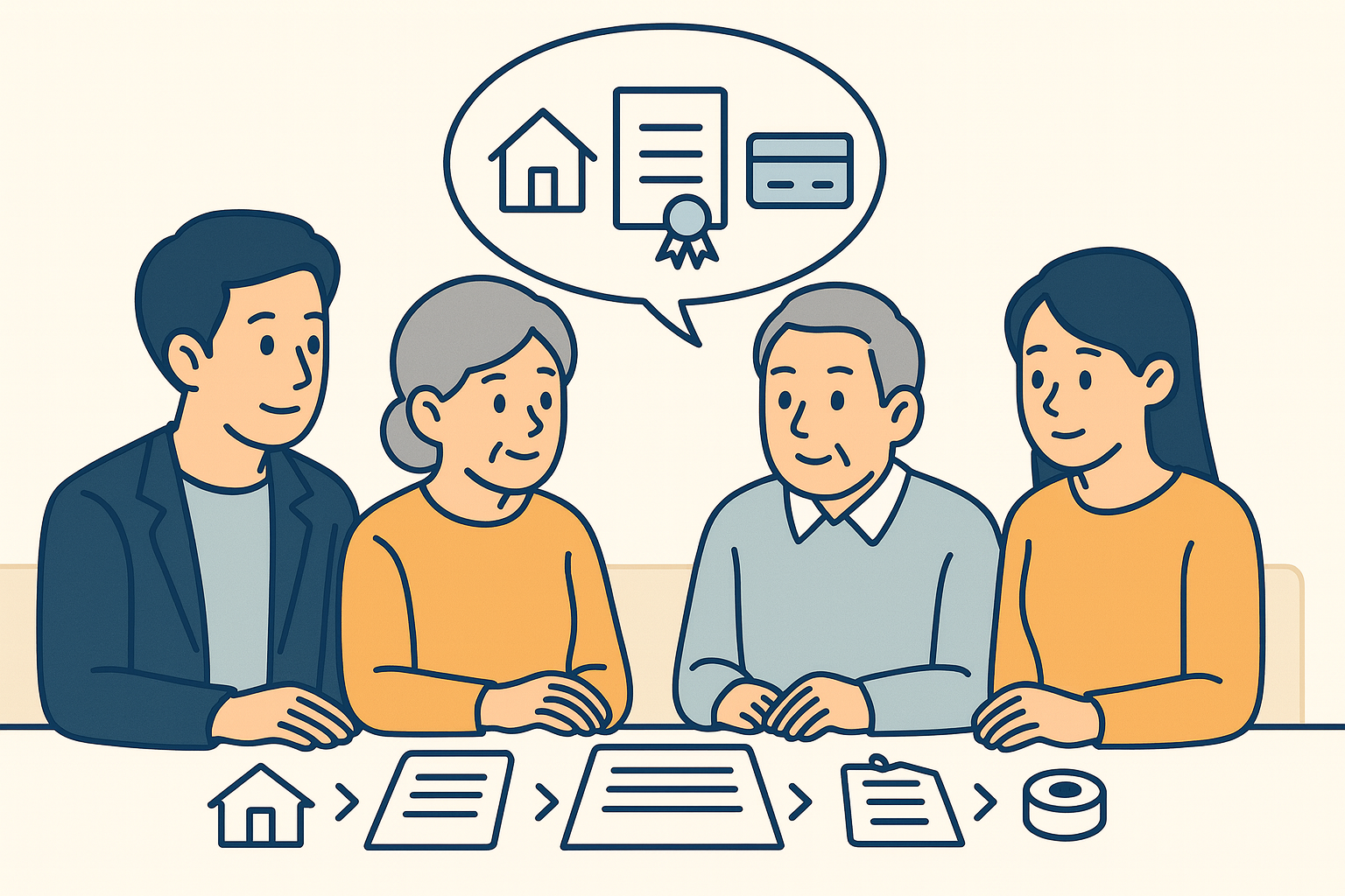 家族が安心して将来を話し合う温かいイラスト