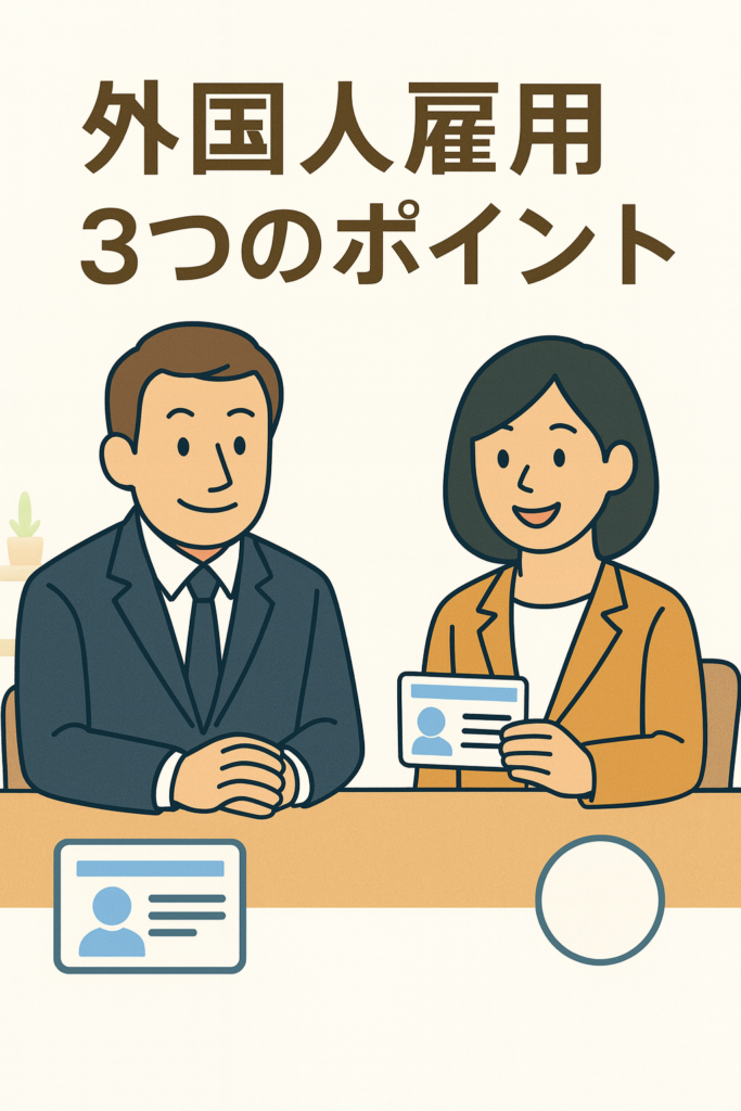 外国人雇用時に企業が確認すべき在留資格・手続きのポイントを示したイラスト