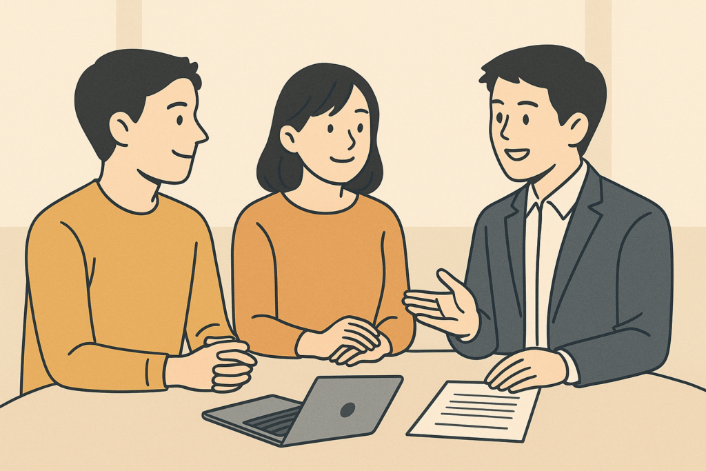 若い行政書士と創業者が相談している安心感のあるイラスト