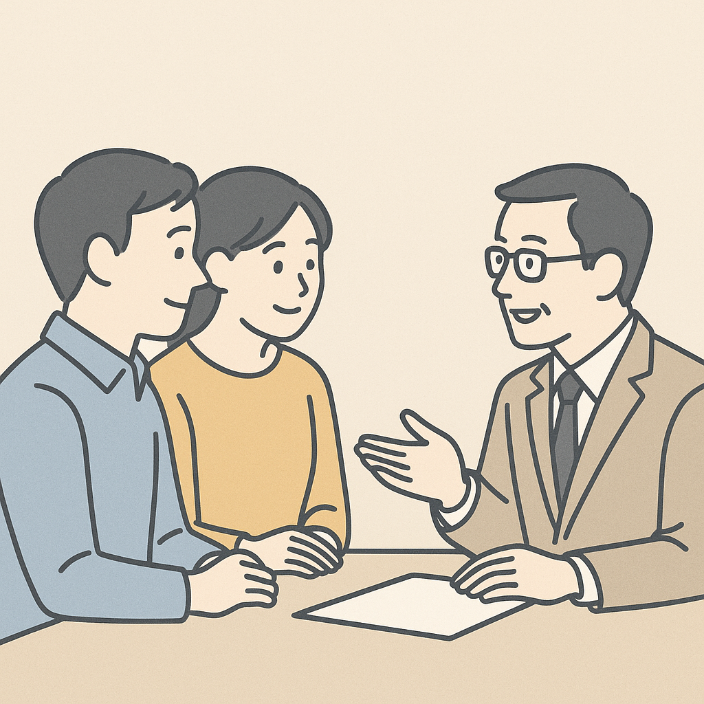 行政書士または商工会議所の担当者と事業者が相談している様子のイラスト