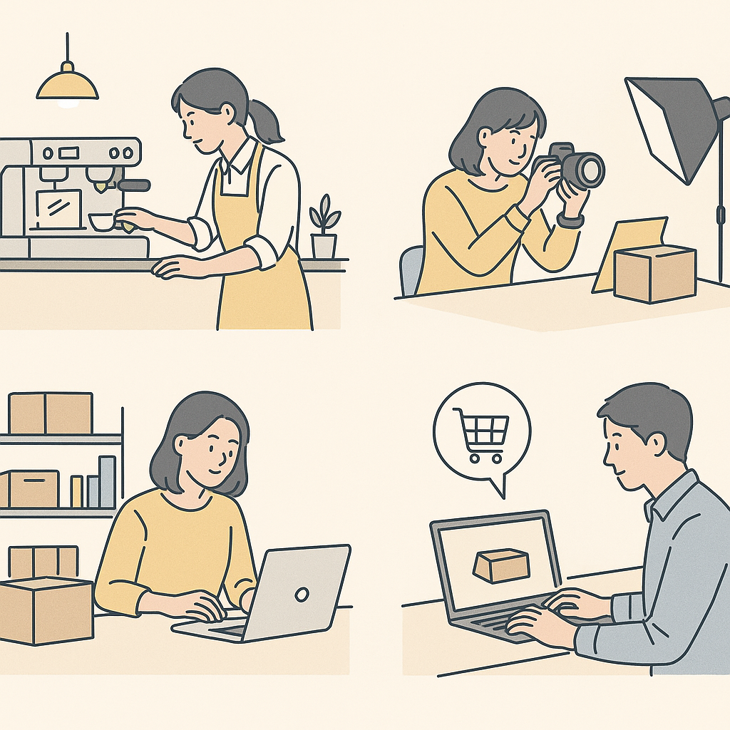小規模事業者の採択事例として、飲食・商品撮影・EC業務など4つのシーンを描いたイラスト