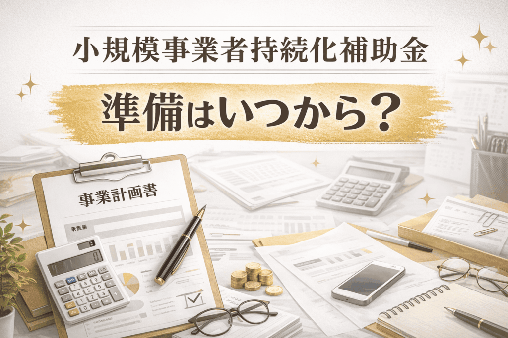 小規模事業者持続化補助金の準備時期を解説する記事のサムネイル画像。年内にできることと年明けで対応できるポイントを示している