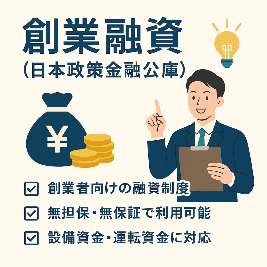 創業融資の概要をまとめた図。日本政策金融公庫の創業者向け融資制度を説明するイラスト
