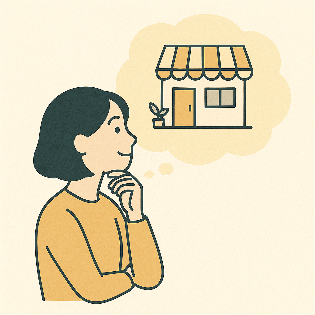 女性創業者が自分の店舗を思い描きながら相談している創業融資イメージイラスト