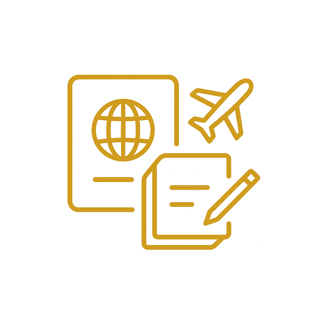 在留資格認定証明書COEをイメージした飛行機とパスポートのアイコン