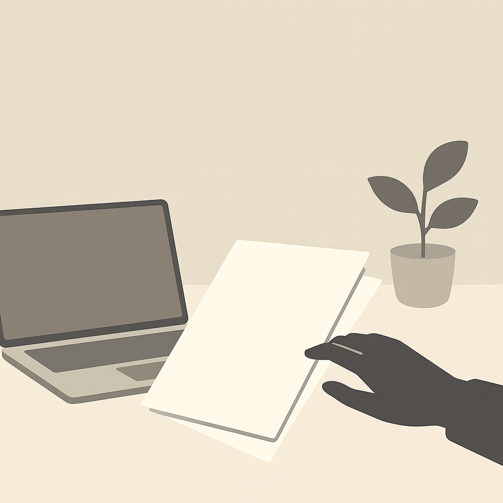 企業の外国人採用サポートをイメージしたPCと書類の抽象イラスト(ベージュグレー)