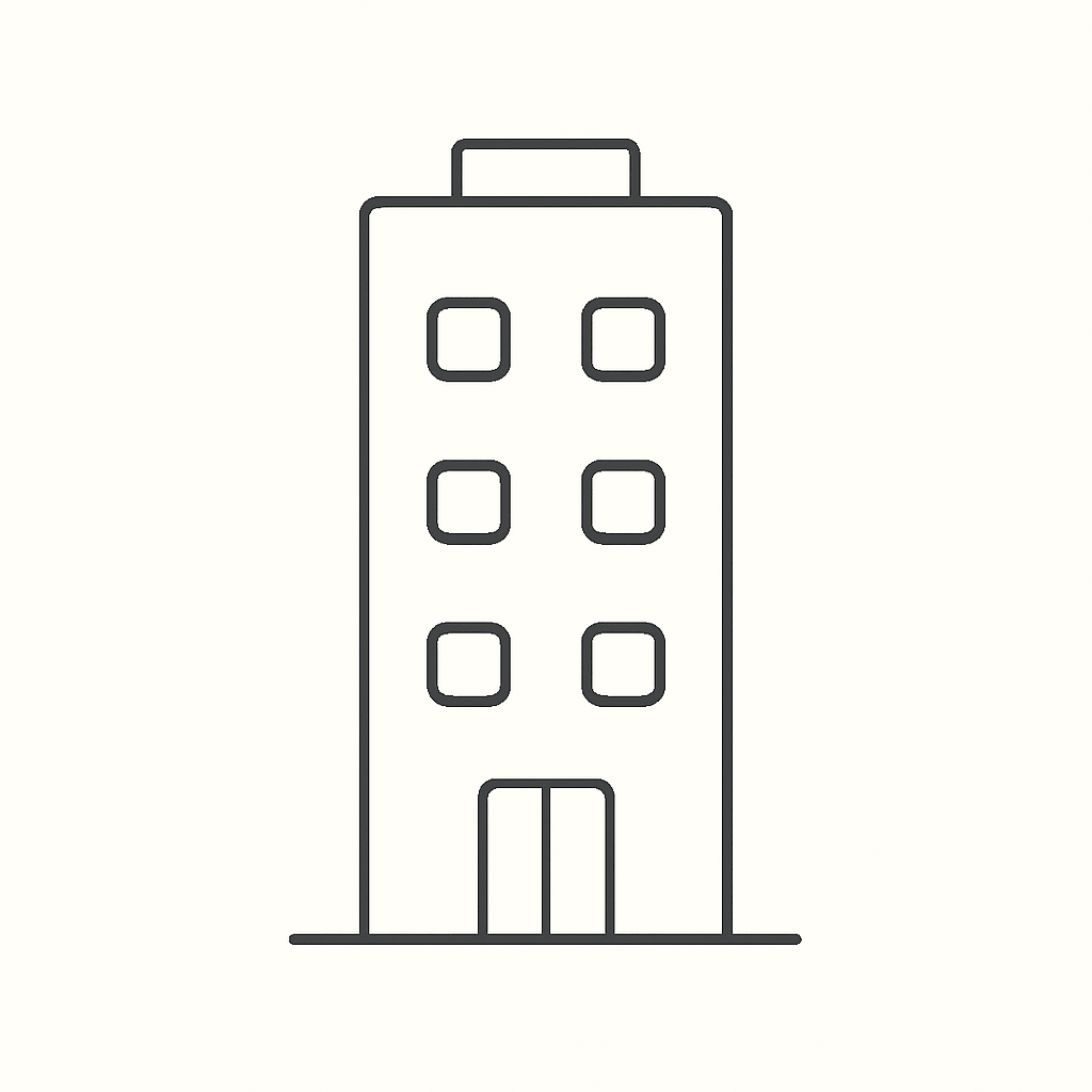 会社設立サポートを象徴するオフィスビルのミニマル線画アイコン。