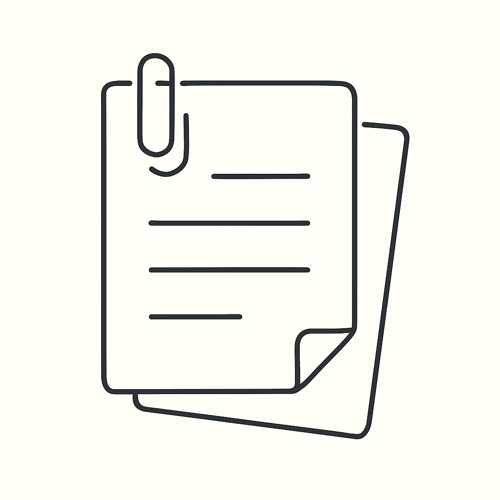 補助金申請を表すクリップ付き書類のミニマル線画アイコン。