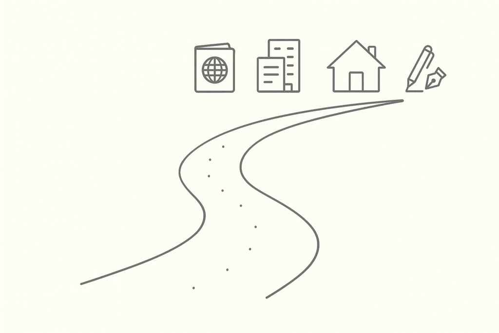 業務案内を示すミニマルな道しるべイラスト。左から右へ伸びる道の先に、ビザ・補助金・会社設立・相続の4つのサービスアイコンが並ぶ構図。