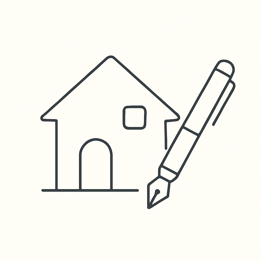 遺言書・相続手続きを表す家とペンのミニマル線画アイコン。