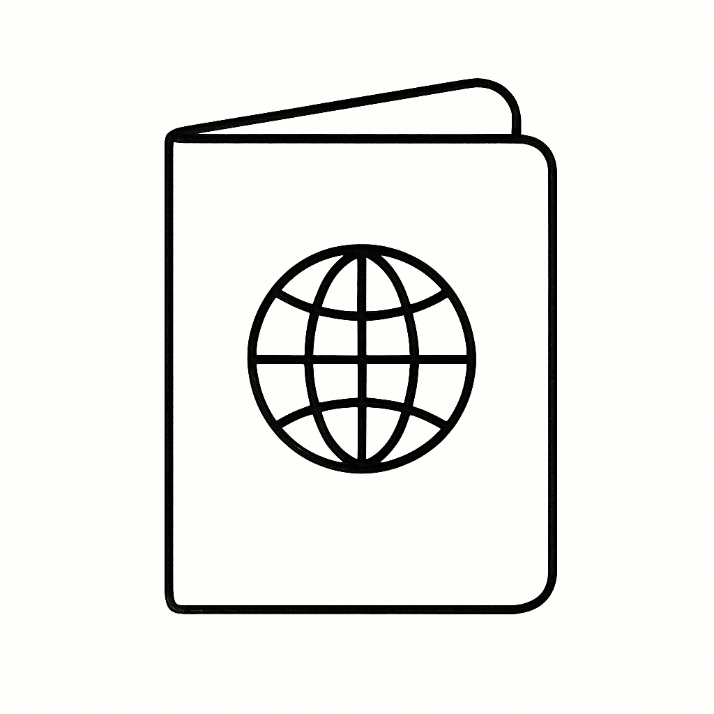 ビザ申請サポートを示すミニマルなパスポートの線画アイコン。