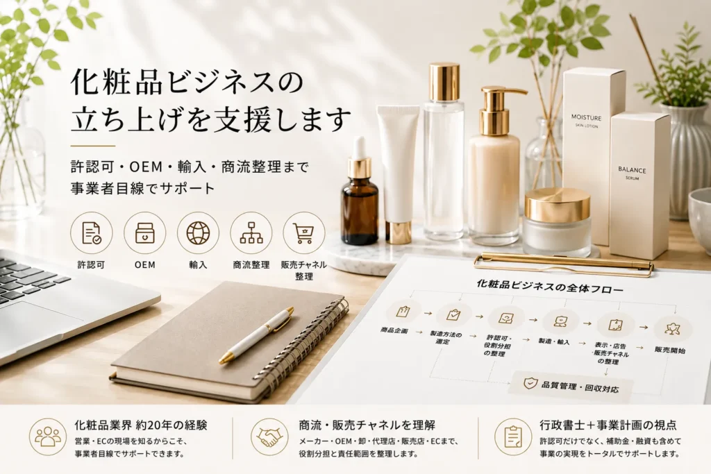 化粧品ビジネスの立ち上げを許認可・OEM・輸入・商流整理まで支援するイメージ